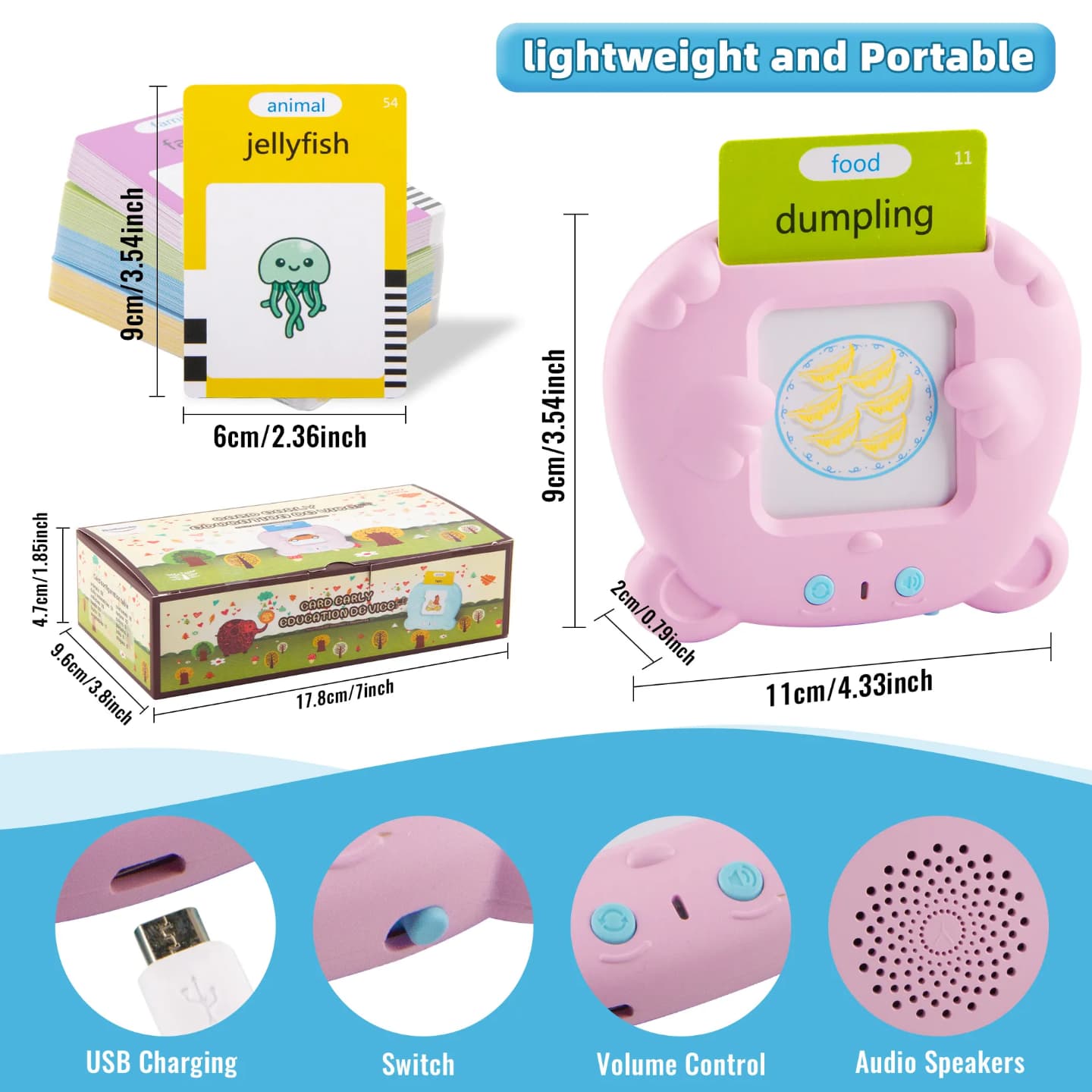 Educational Toddler Toy Flashcards Device,WONFAST 112PCS Double-Sided Illustrations Words Audible Preschool Learning Flash Cards Reader for Kids Boys Girls Birthday Christmas Children Gifts