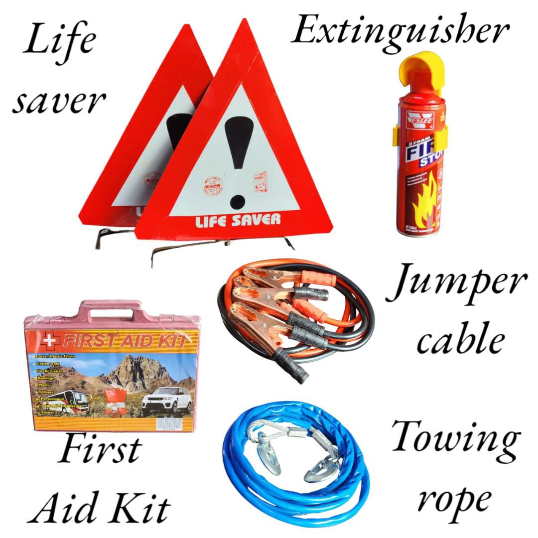 Emergency Car Safety Kit - 2 Life Savers, Fire extinguisher, First Aid Kit,Towing Rope & Jumper cables