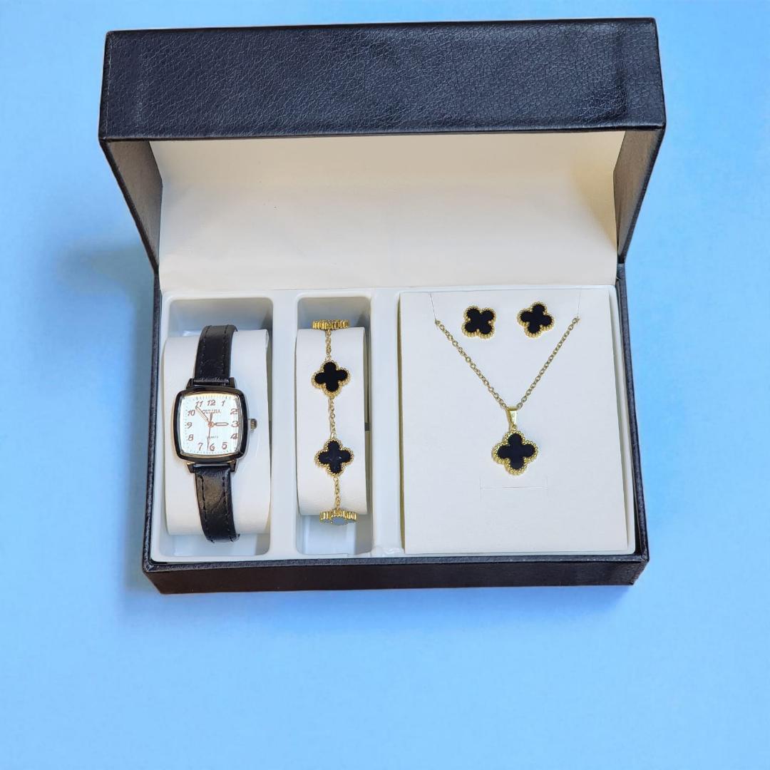 5 Pcs Ladies gift set , Female Watch, Bracelet,Necklace and Earings Gift Box Set(Black)