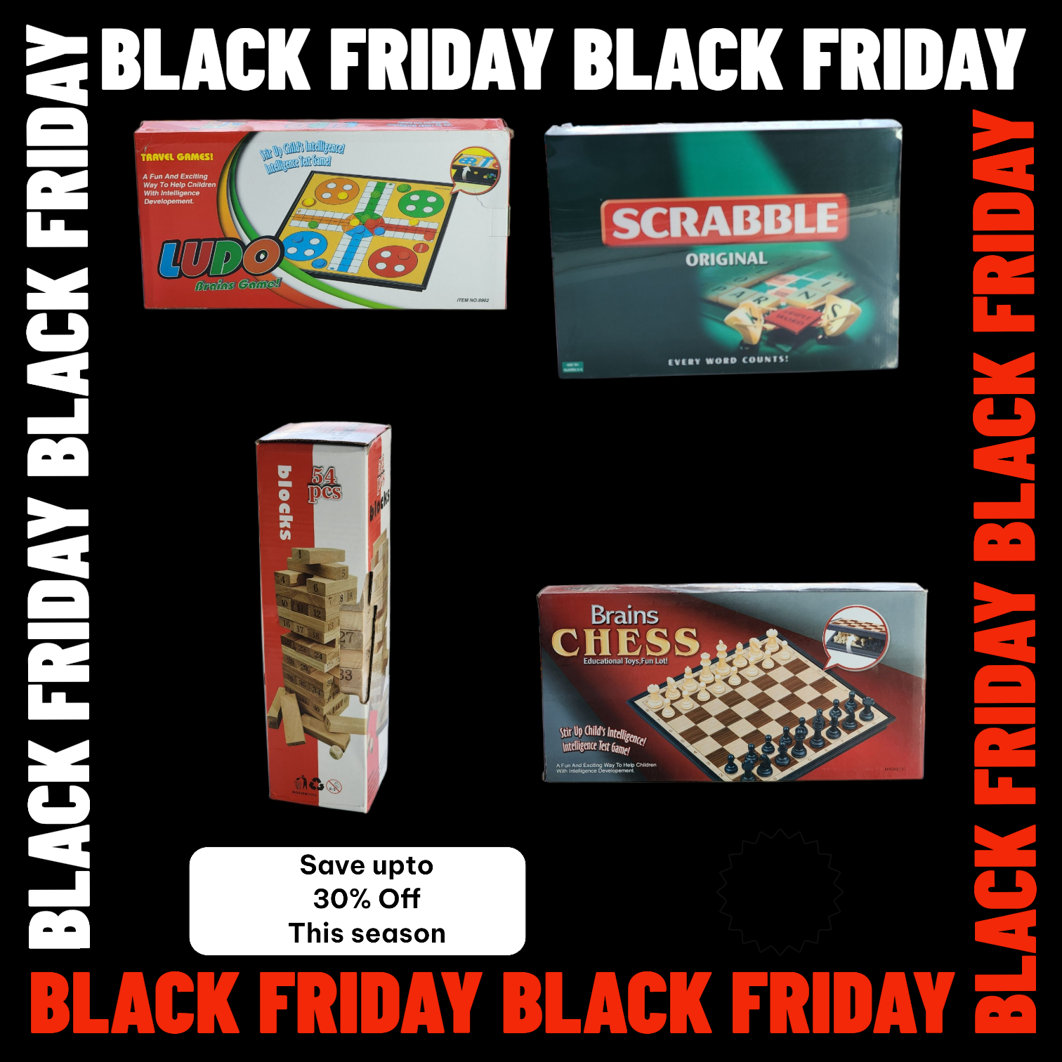 Black Friday Combo Deal – Chess, Ludo, Jenga & Scrabble Board Game Set