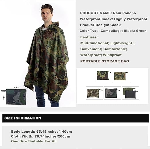Unisex Waterproof Raincoat Poncho Lightweight Reusable Rain Cover Outdoor Hooded Rain Jacket for Travel Hiking Camping