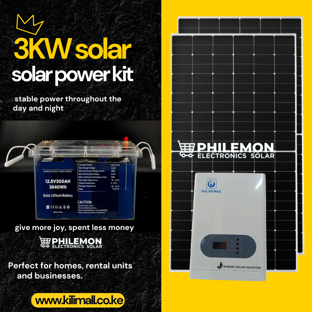 Complete solar power kit with 2×450W panels, 300Ah LiFePO₄ battery, 3kVA hybrid inverter & accessories. Ideal for homes & shops. Enjoy off-grid backup power & energy savings.