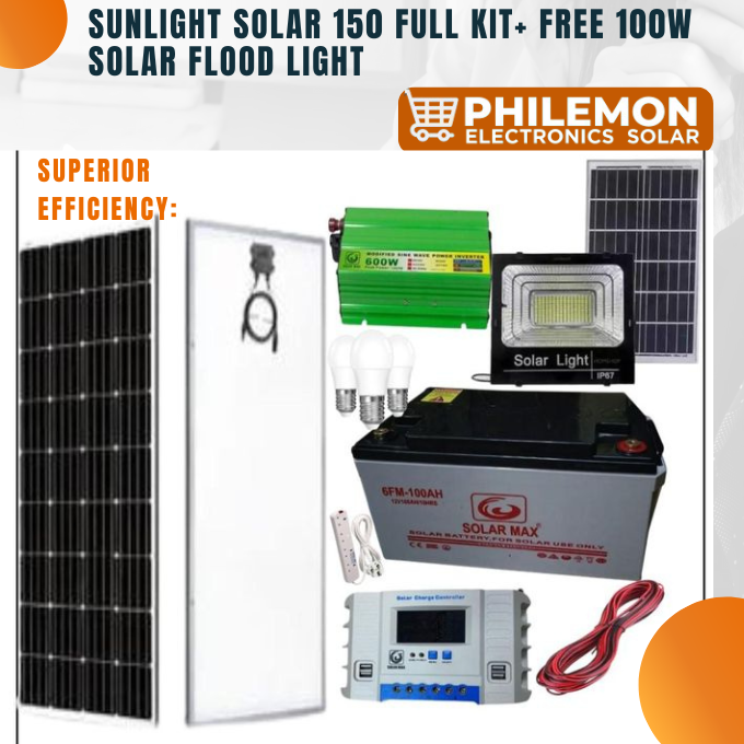 Sunlight Solar 150 W Solar panel all weather +100ah solar battery +600 W solar power imnverter +20ah solar charge controller +3 Dc bulb +Extension +5m red,5m black cable+ Free 100 W solar flood light