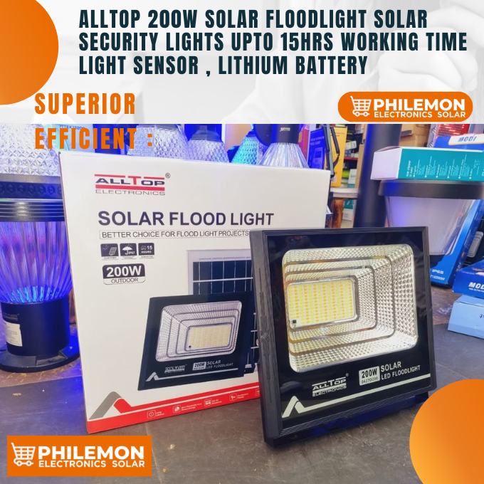 ALLTOP 200W Solar Floodlight Solar Security Lights upto 15hrs Working time Light sensor , Lithium Battery
