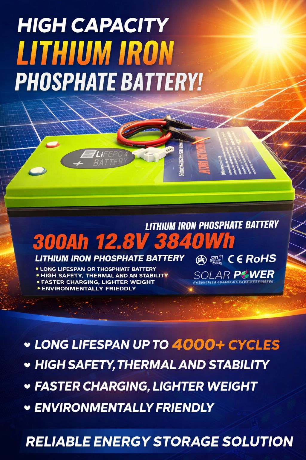 12.8V 300Ah LiFePO4 Lithium Battery – 3840Wh Solar Energy Storage