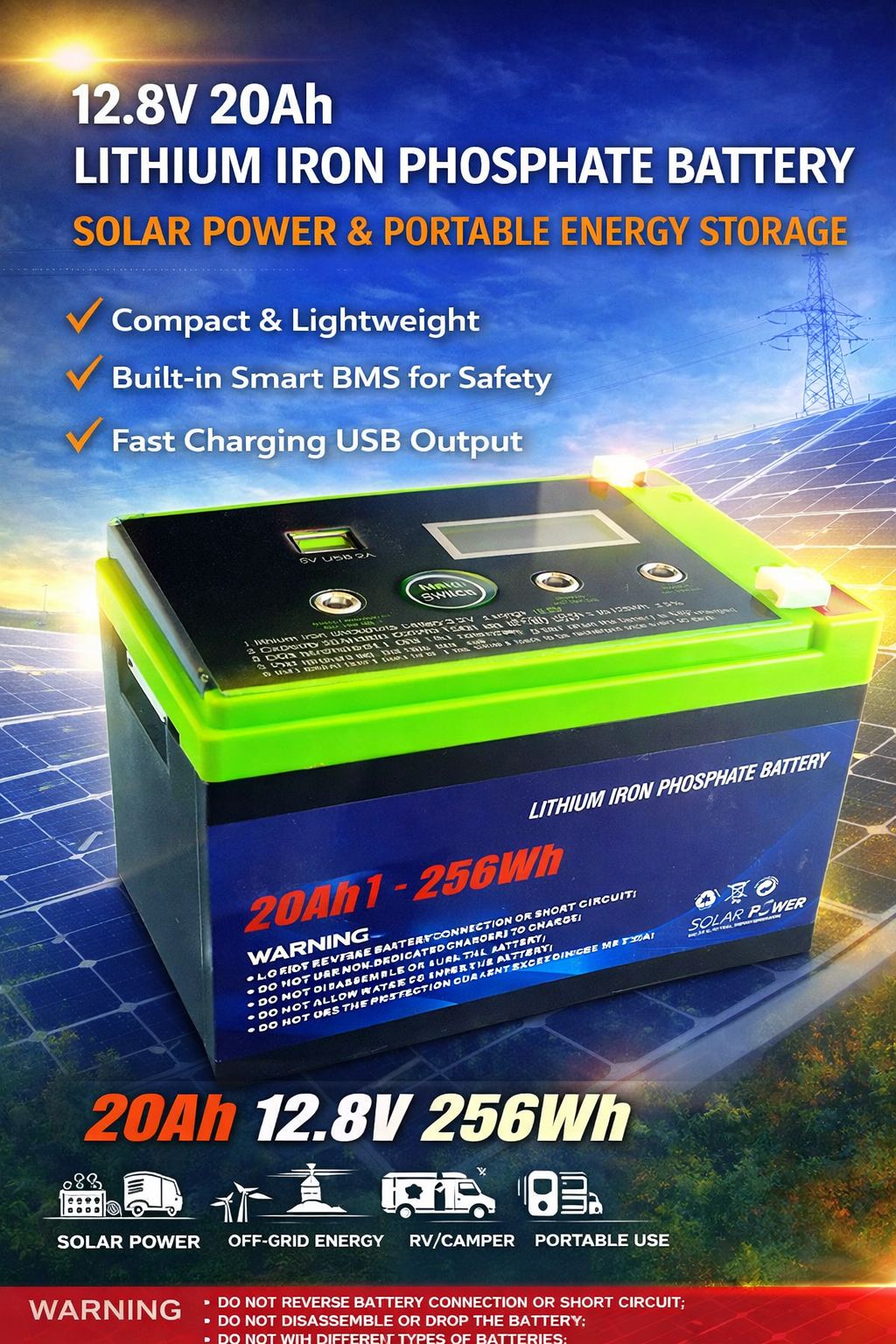 12.8V 20Ah Lithium Iron Phosphate (LiFePO4) Solar Battery – 256Wh Portable Power with USB Output & Smart BMS