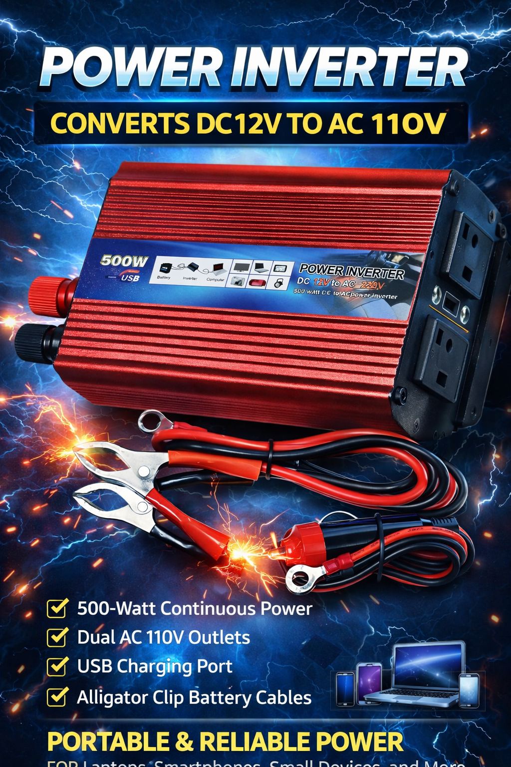 500W Power Inverter DC 12V to AC 110V/220V with USB Port – Portable Converter with Battery Clips