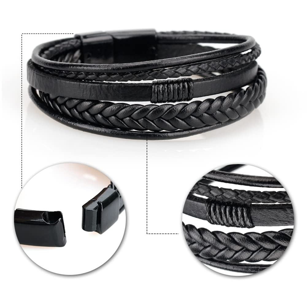 Multilayer Brown PU Bracelet For Men Bangles Magnetic-Clasp Braided Multi-Layer Wrap Mens Bracelet