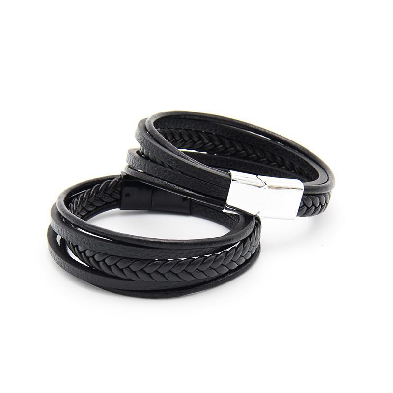 Multilayer Brown PU Bracelet For Men Bangles Magnetic-Clasp Braided Multi-Layer Wrap Mens Bracelet