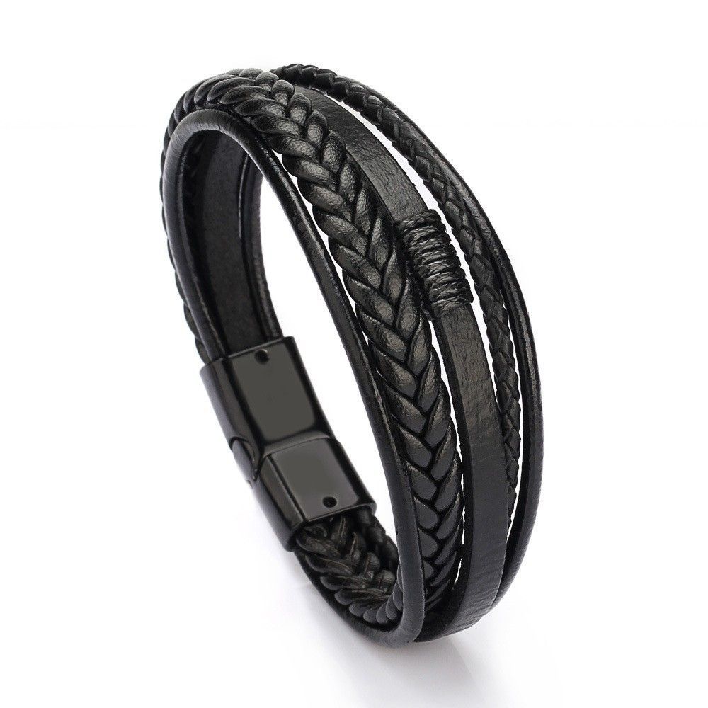 Multilayer Brown PU Bracelet For Men Bangles Magnetic-Clasp Braided Multi-Layer Wrap Mens Bracelet