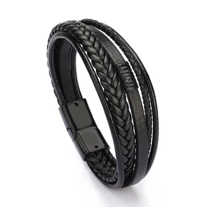 Multilayer Brown PU Bracelet For Men Bangles Magnetic-Clasp Braided Multi-Layer Wrap Mens Bracelet