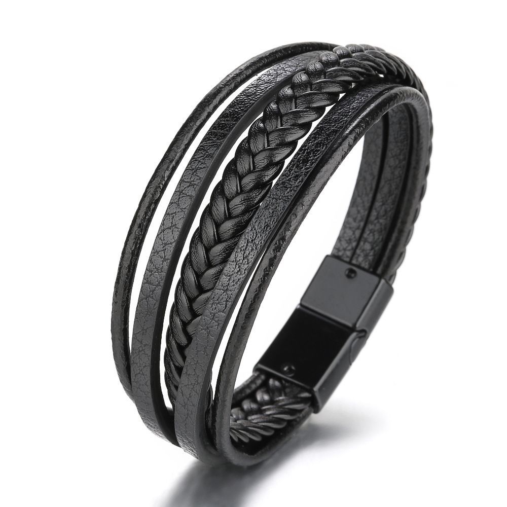 Multilayer Brown PU Bracelet For Men Bangles Magnetic-Clasp Braided Multi-Layer Wrap Mens Bracelet