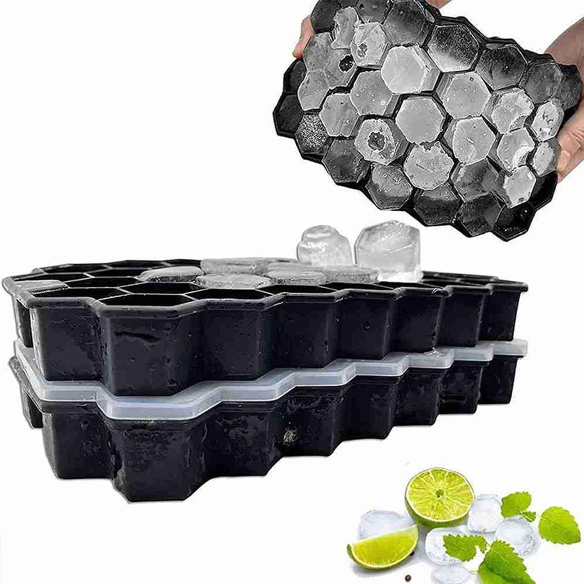 Silicone Flexible Ice Cube Trays with Lid 37 Cubes Ice Trays for Chilled Drinks Whiskey Cocktails Stackable Honeycomb Shape Safe Ice Cube Trays Size 20X12X2cm