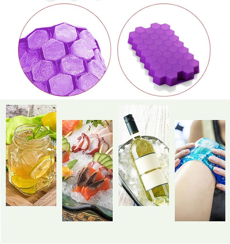 Silicone Flexible Ice Cube Trays with Lid 37 Cubes Ice Trays for Chilled Drinks Whiskey Cocktails Stackable Honeycomb Shape Safe Ice Cube Trays Size 20X12X2cm