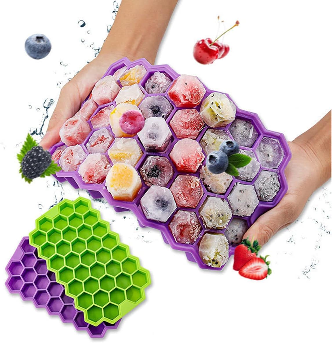 Silicone Flexible Ice Cube Trays with Lid 37 Cubes Ice Trays for Chilled Drinks Whiskey Cocktails Stackable Honeycomb Shape Safe Ice Cube Trays Size 20X12X2cm