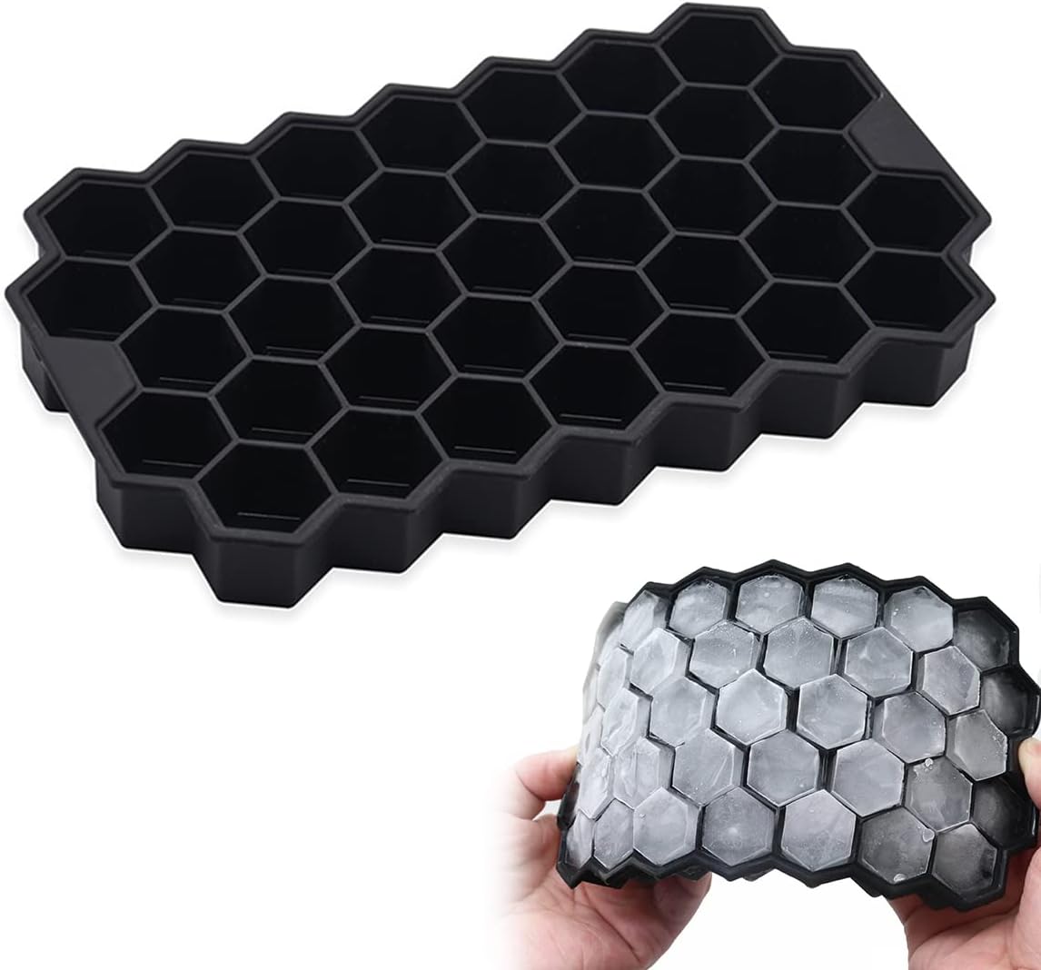 Silicone Flexible Ice Cube Trays with Lid 37 Cubes Ice Trays for Chilled Drinks Whiskey Cocktails Stackable Honeycomb Shape Safe Ice Cube Trays Size 20X12X2cm