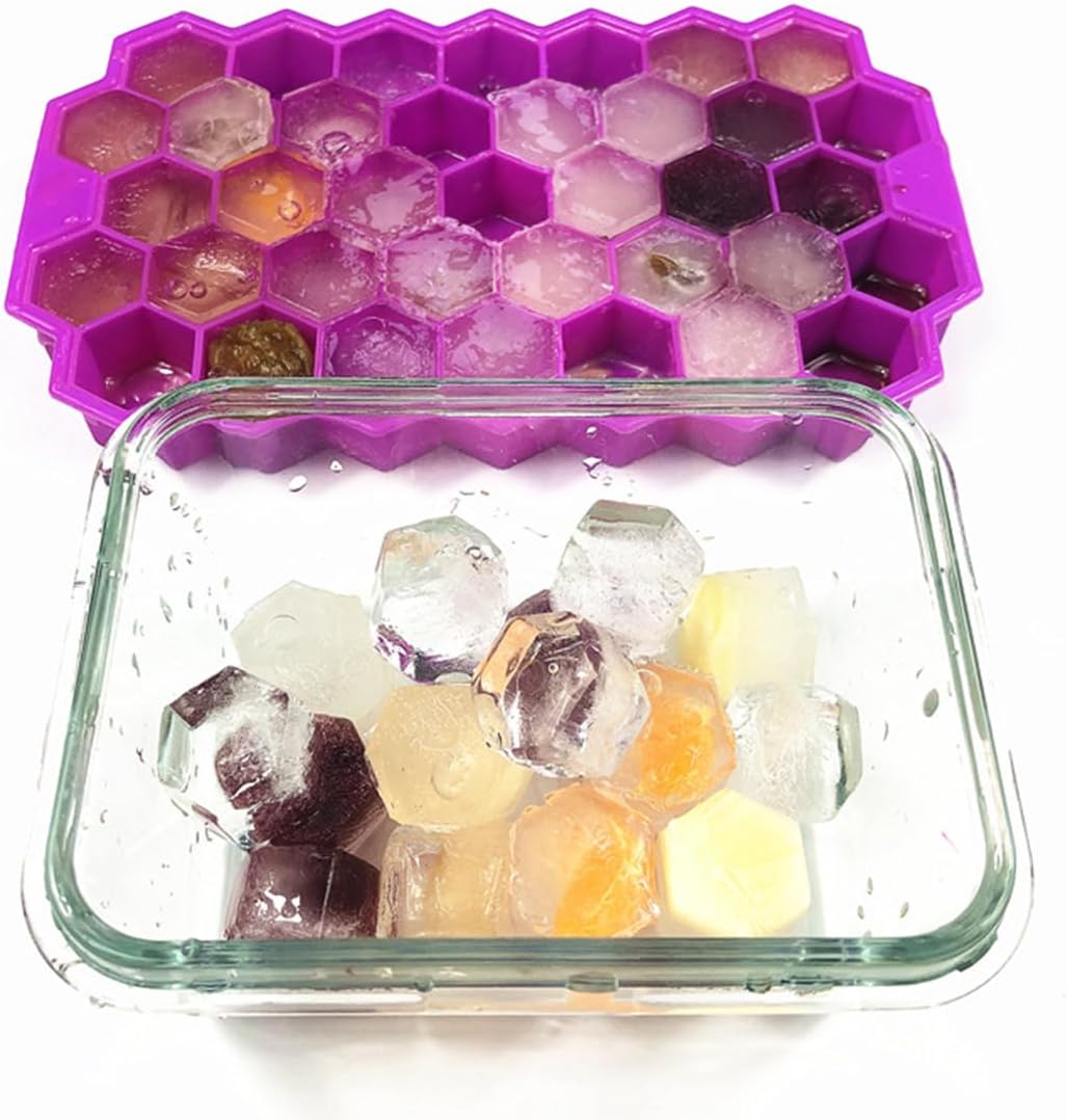 Silicone Flexible Ice Cube Trays with Lid 37 Cubes Ice Trays for Chilled Drinks Whiskey Cocktails Stackable Honeycomb Shape Safe Ice Cube Trays Size 20X12X2cm