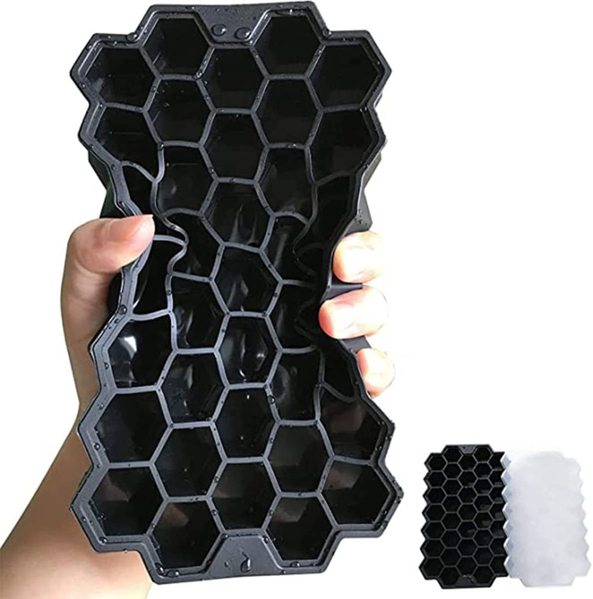 Silicone Flexible Ice Cube Trays with Lid 37 Cubes Ice Trays for Chilled Drinks Whiskey Cocktails Stackable Honeycomb Shape Safe Ice Cube Trays Size 20X12X2cm