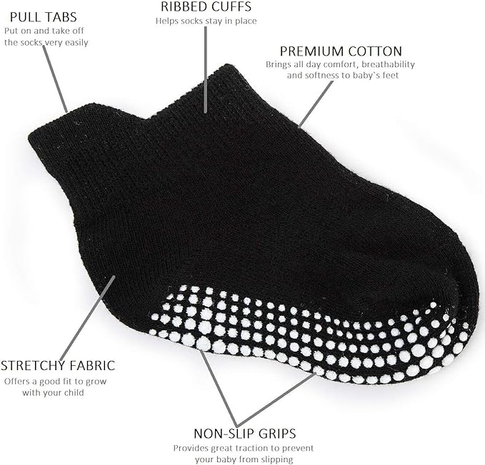 6 Pairs Baby Non Slip Grip Ankle Socks with Non Skid Soles for Infants Toddlers Kids Boys Girls