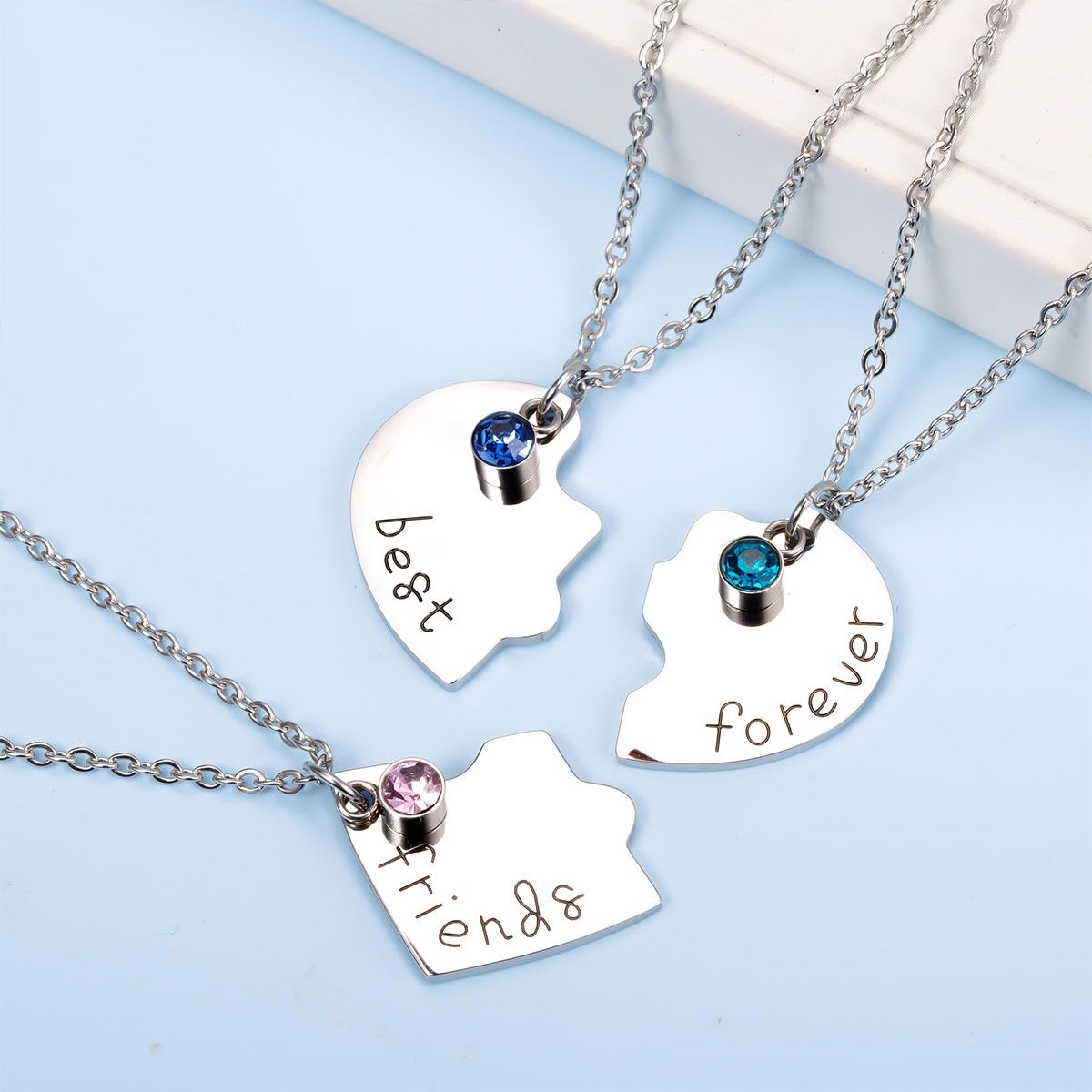 Best Friends Forever and Ever Necklace for 3 BFF, Friendship Necklace with Crystal Broken Heart Charm Pendant Set Friendship Jewelry for Sisters