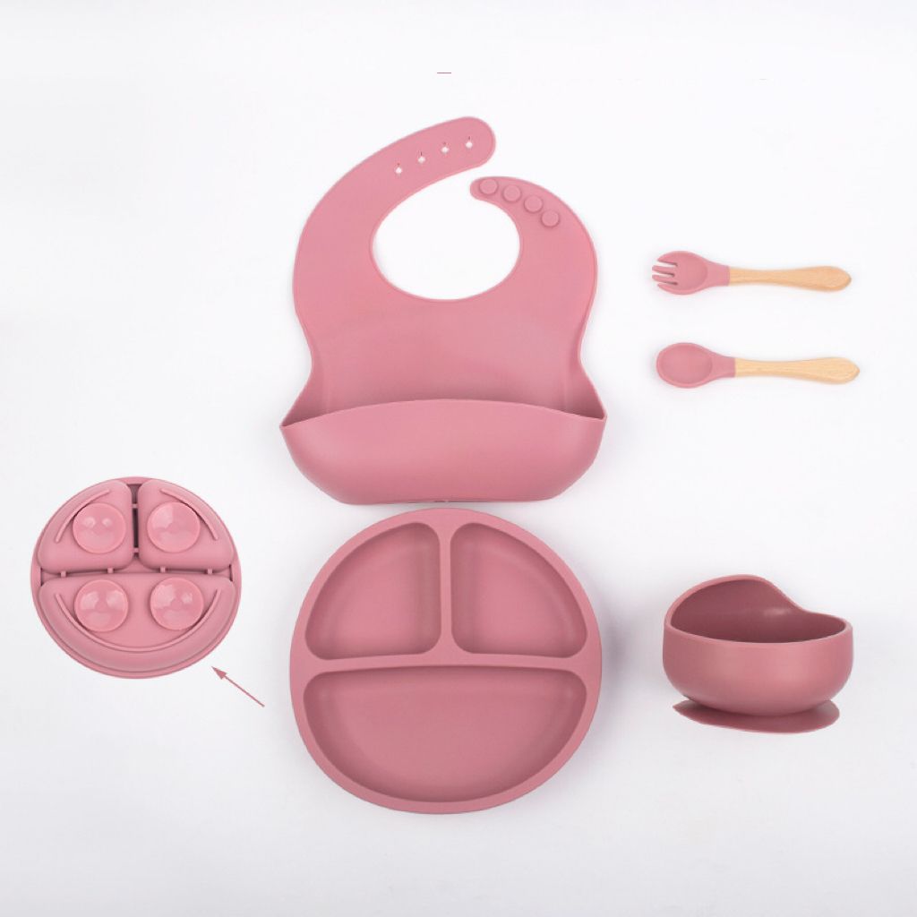 Silicone Baby Feeding Set | 5PCS Baby Led Weaning Supplies Self Feeding Utensils | Baby Bib, Divided Suction Plate, Bowl with Baby  Spoons Forks