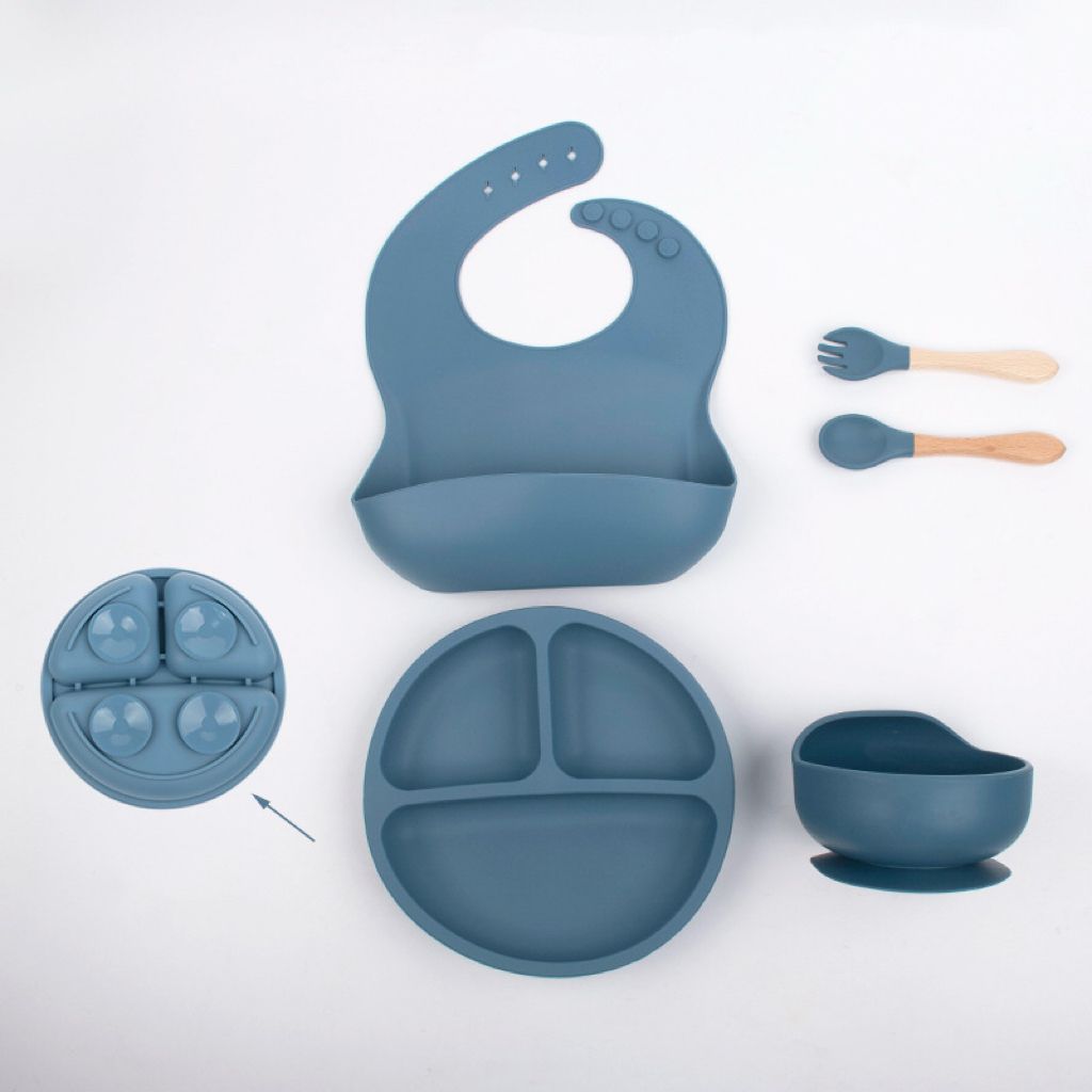 Silicone Baby Feeding Set | 5PCS Baby Led Weaning Supplies Self Feeding Utensils | Baby Bib, Divided Suction Plate, Bowl with Baby  Spoons Forks