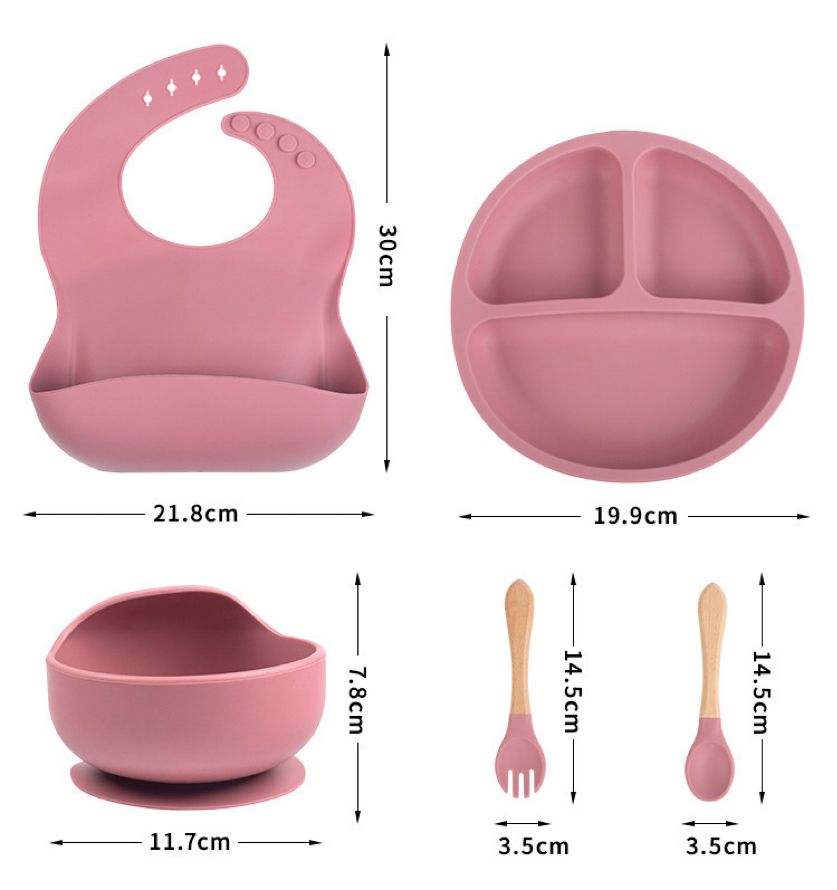 Silicone Baby Feeding Set | 5PCS Baby Led Weaning Supplies Self Feeding Utensils | Baby Bib, Divided Suction Plate, Bowl with Baby  Spoons Forks