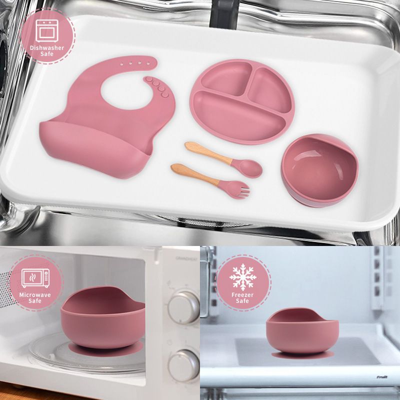 Silicone Baby Feeding Set | 5PCS Baby Led Weaning Supplies Self Feeding Utensils | Baby Bib, Divided Suction Plate, Bowl with Baby  Spoons Forks
