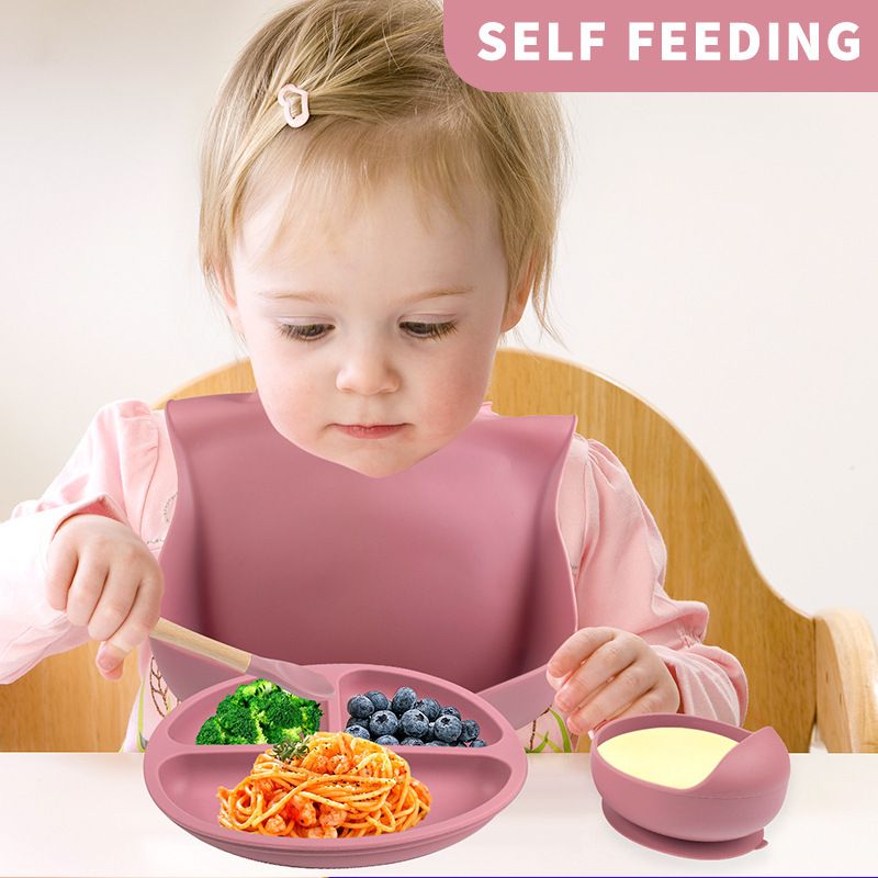 Silicone Baby Feeding Set | 5PCS Baby Led Weaning Supplies Self Feeding Utensils | Baby Bib, Divided Suction Plate, Bowl with Baby  Spoons Forks