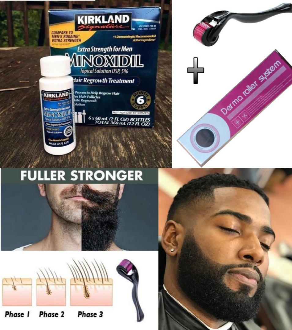 ORIGINAL KIRKLAND minoxidil 5%(MADE IN USA ) + dermaroller 0.5mm beard / hair growth kit ,treat hair loss +baldness +regrow beards+ hairline ,antihairloss  kit for faster results