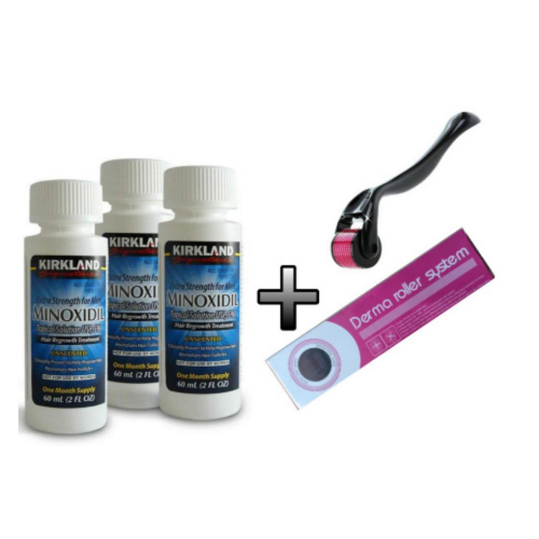 ORIGINAL KIRKLAND minoxidil 5%(MADE IN USA ) + dermaroller 0.5mm beard / hair growth kit ,treat hair loss +baldness +regrow beards+ hairline ,antihairloss  kit for faster results