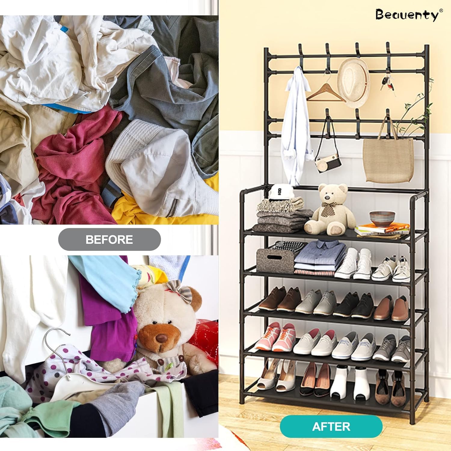 Multifunctional Simple Floor Coat Rack, Bedroom, Living Room Shoe Rack-Black