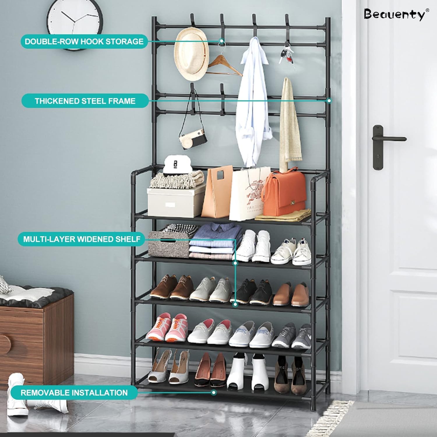 Multifunctional Simple Floor Coat Rack, Bedroom, Living Room Shoe Rack-Black