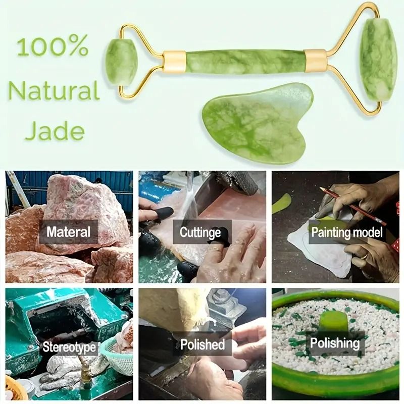 1pc 5-in-1 Natural Jade Gua Sha Facial Massage Set - Includes Roller and Gua Sha Tool, for Face, Neck, Body, Reduces Puffiness and Wrinklesreduce lines & dark circles,softens smile lines,Glows skin