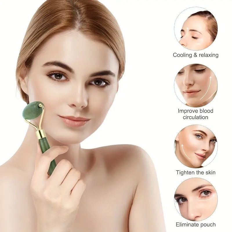 1pc 5-in-1 Natural Jade Gua Sha Facial Massage Set - Includes Roller and Gua Sha Tool, for Face, Neck, Body, Reduces Puffiness and Wrinklesreduce lines & dark circles,softens smile lines,Glows skin