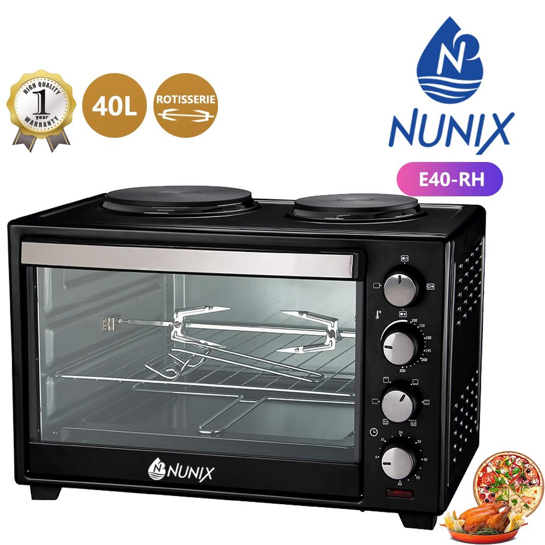 Nunix E60-R 60L Litres Electric Rotisserie Oven + FREE CAKE MOLDS Nunix Electric Rotisserie Oven, 60L – Black With Grill (Rotisserie) 4 Knobs, Easy Control