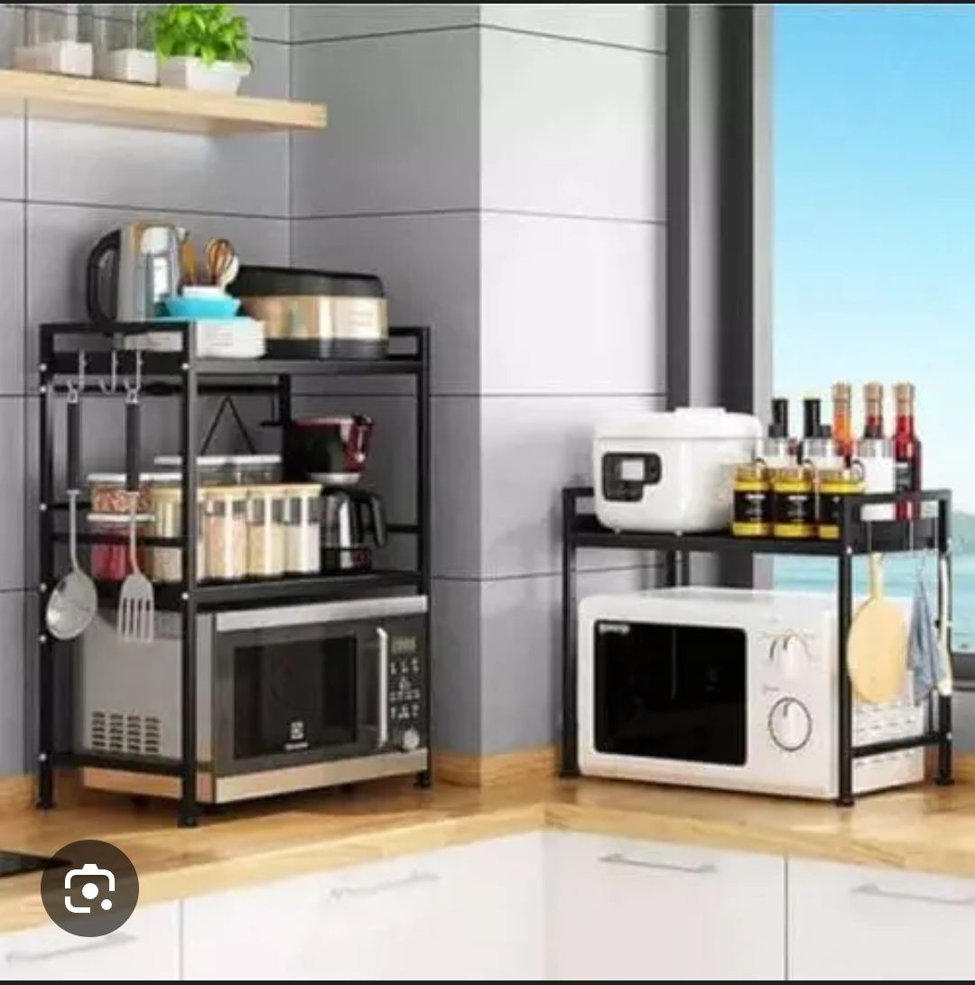 Expandable 1-Tier and 2 tier respectively Metallic Microwave Stand – Rust-Free Modern Kitchen Organizer Rack, Multipurpose Shelf for Toasters, Ovens, Pantry Storage & Countertop Space Saving