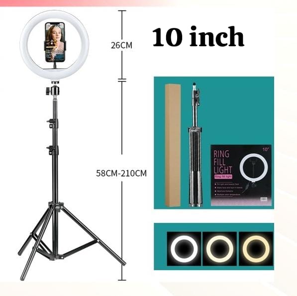 Original 10-inch LED Ringlight Fill Light featuring a 58cm-210cm adjustable tripod stand and a mobile phone holder