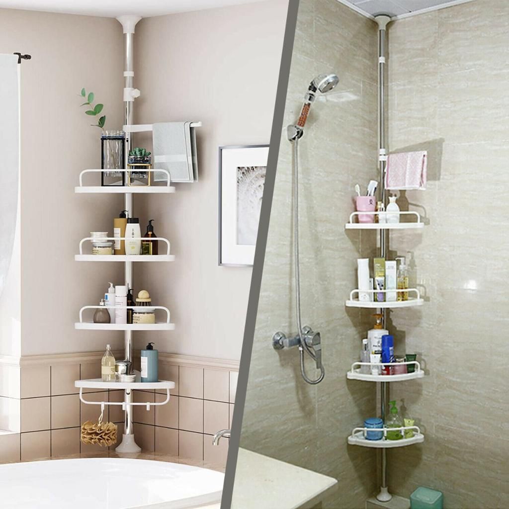 High quality Large 4 layers bathroom rack stainless steel telescopic rods stand tall toilet storage wall corner stand. Adjustable height upto 3.2 meters