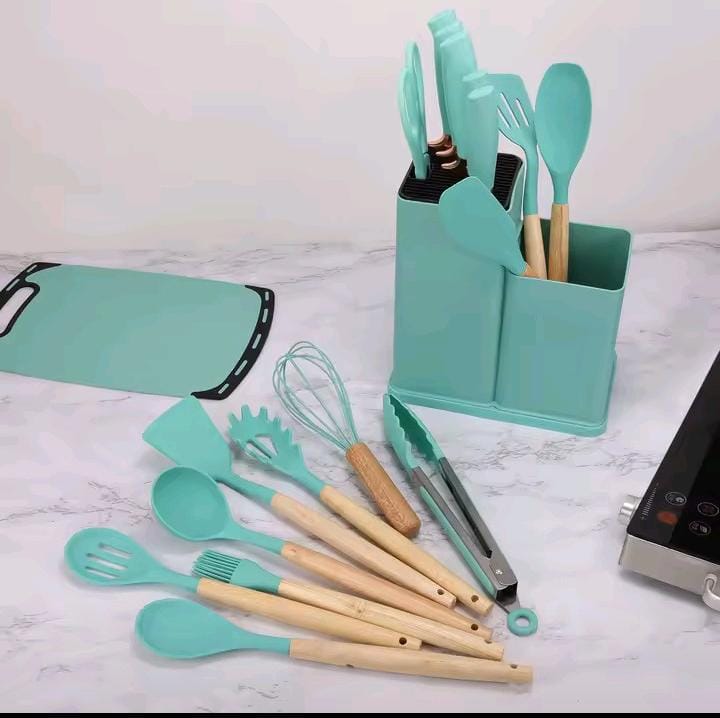 12 in 1 cooking/ serving spoons set with holder ❇️Green, Grey, Black color Available Material: Silicone. Heat Resistant & Durable Kitchen Tools ,🍳 Upgrade your kitchen with the ultimate utensil set