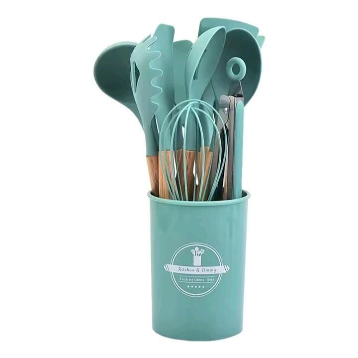 12 in 1 cooking/ serving spoons set with holder ❇️Green, Grey, Black color Available Material: Silicone. Heat Resistant & Durable Kitchen Tools ,🍳 Upgrade your kitchen with the ultimate utensil set