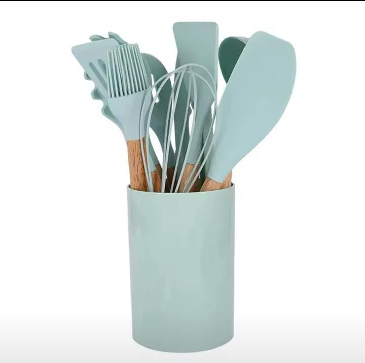 12 in 1 cooking/ serving spoons set with holder ❇️Green, Grey, Black color Available Material: Silicone. Heat Resistant & Durable Kitchen Tools ,🍳 Upgrade your kitchen with the ultimate utensil set