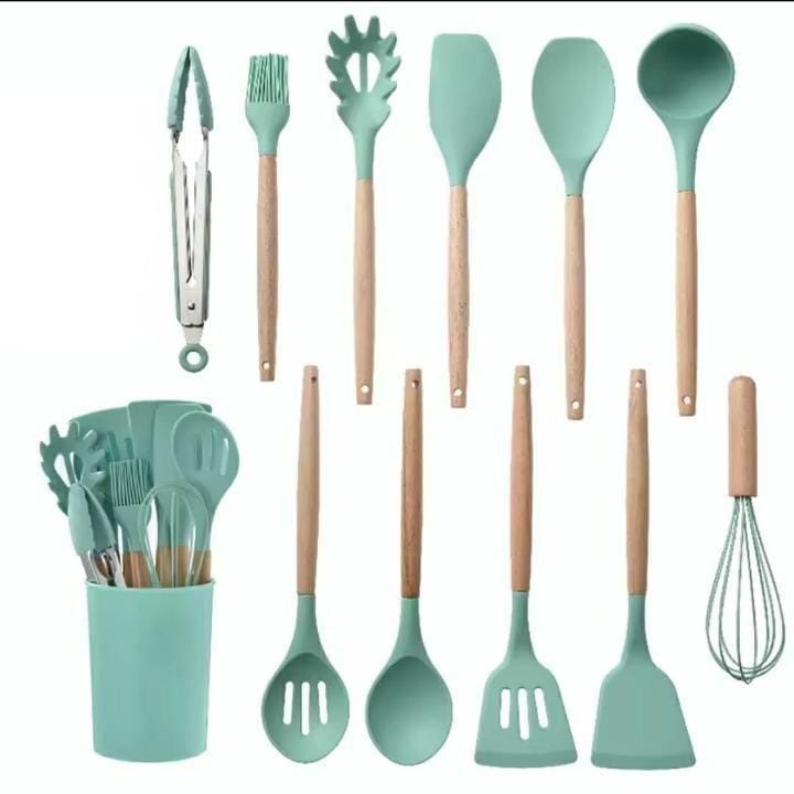 12 in 1 cooking/ serving spoons set with holder ❇️Green, Grey, Black color Available Material: Silicone. Heat Resistant & Durable Kitchen Tools ,🍳 Upgrade your kitchen with the ultimate utensil set