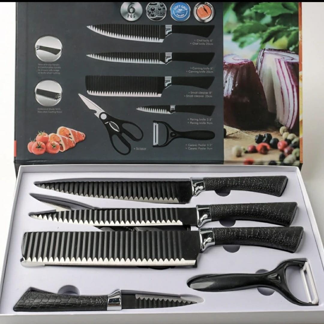 High quality 6pcs Zepter Knife Gift Pack Set – Non-Stick Kitchen Knives with Corrugated Wavy Pattern Blade Design for Professional Home Cooking & Gifting