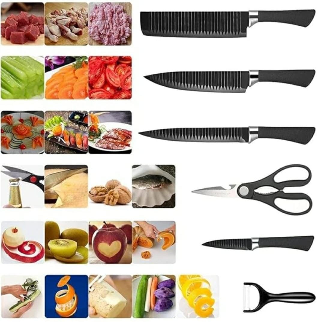 High quality 6pcs Zepter Knife Gift Pack Set – Non-Stick Kitchen Knives with Corrugated Wavy Pattern Blade Design for Professional Home Cooking & Gifting