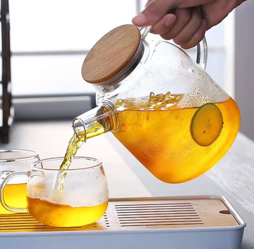High quality Heat-Resistant Glass Teapot with Stainless Wire Infuser, 1.5L Borosilicate Tea Pot, Wooden Lid, Durable and Elegant, Perfect for Brewing Tea at Home, Office, or Gifting