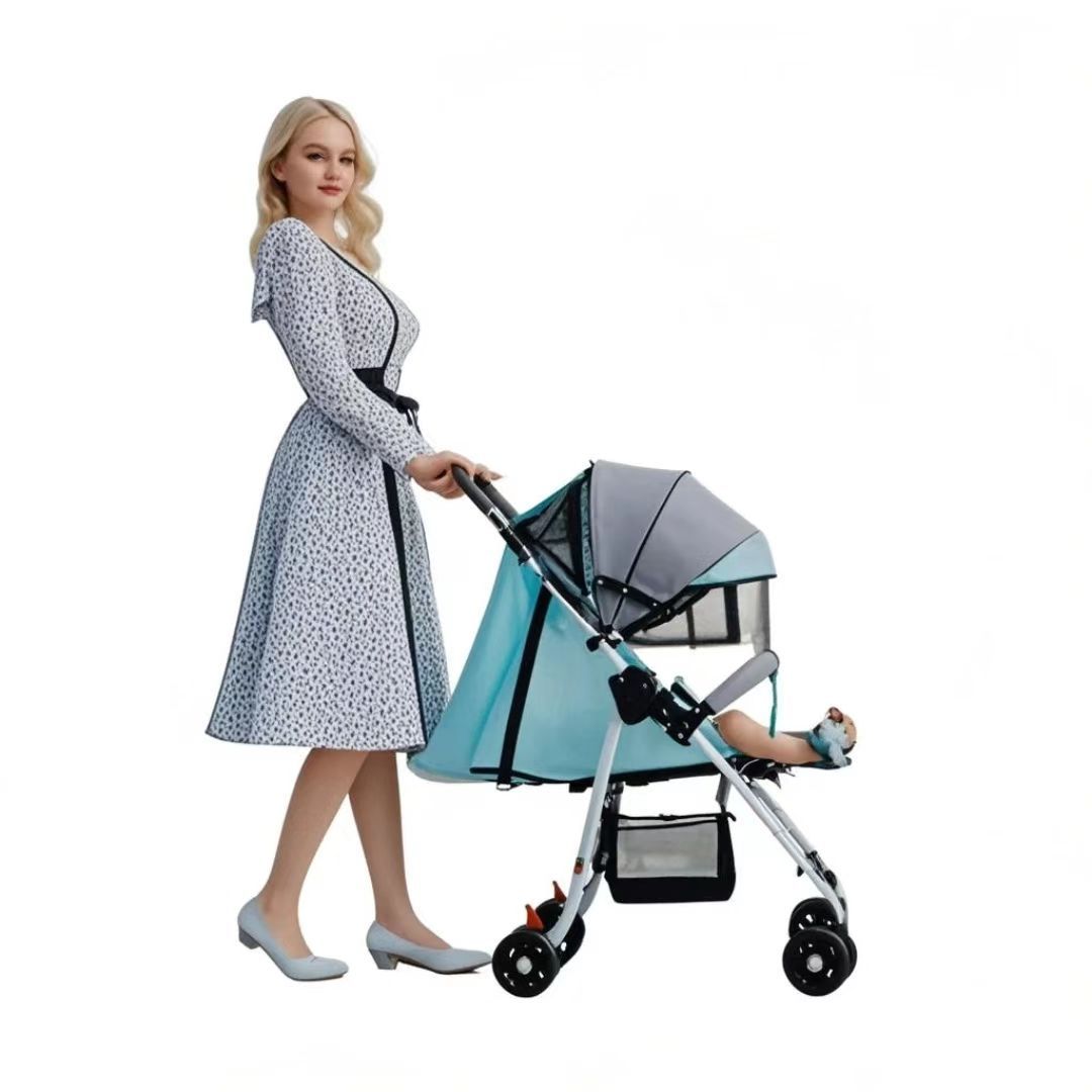Baby stroller with one-button folding function, which is portable, can be used for sitting and lying, has a large space and is suitable for all seasons.