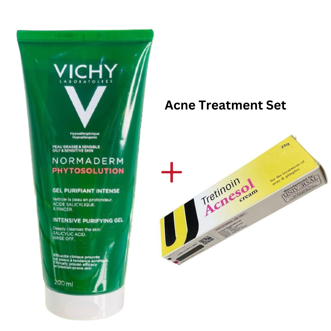 Vichy Normaderm Intensive Purifying Foaming Cleanser Gel + Tretinoin Acnesol Cream Deep Cleansing, Unclogs Pores, Treats Acne, Reduces Inflammation, Improves Texture, Soothes Skin