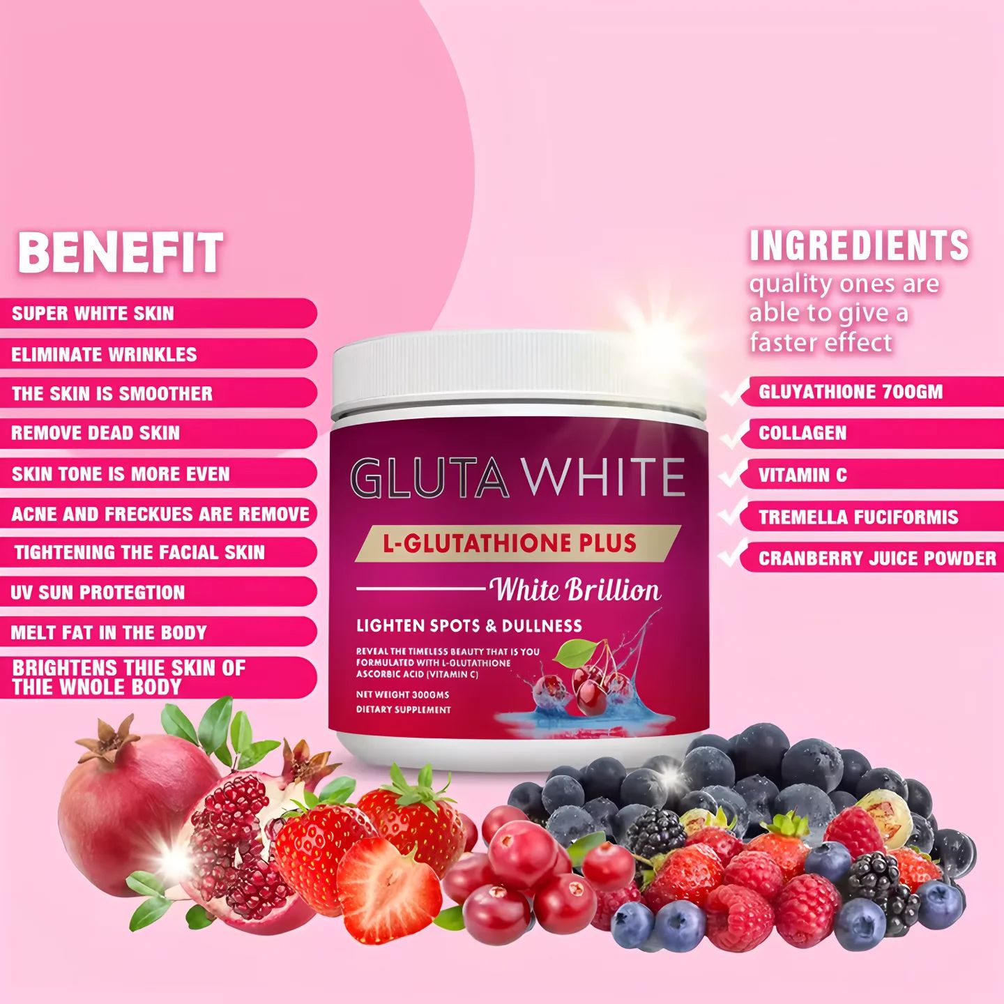 Gluta White L-Glutathione Plus White Brillion Powder For Skin Brightening, Anti-Aging, Dark Spot Reduction, Detoxification & Immune Support