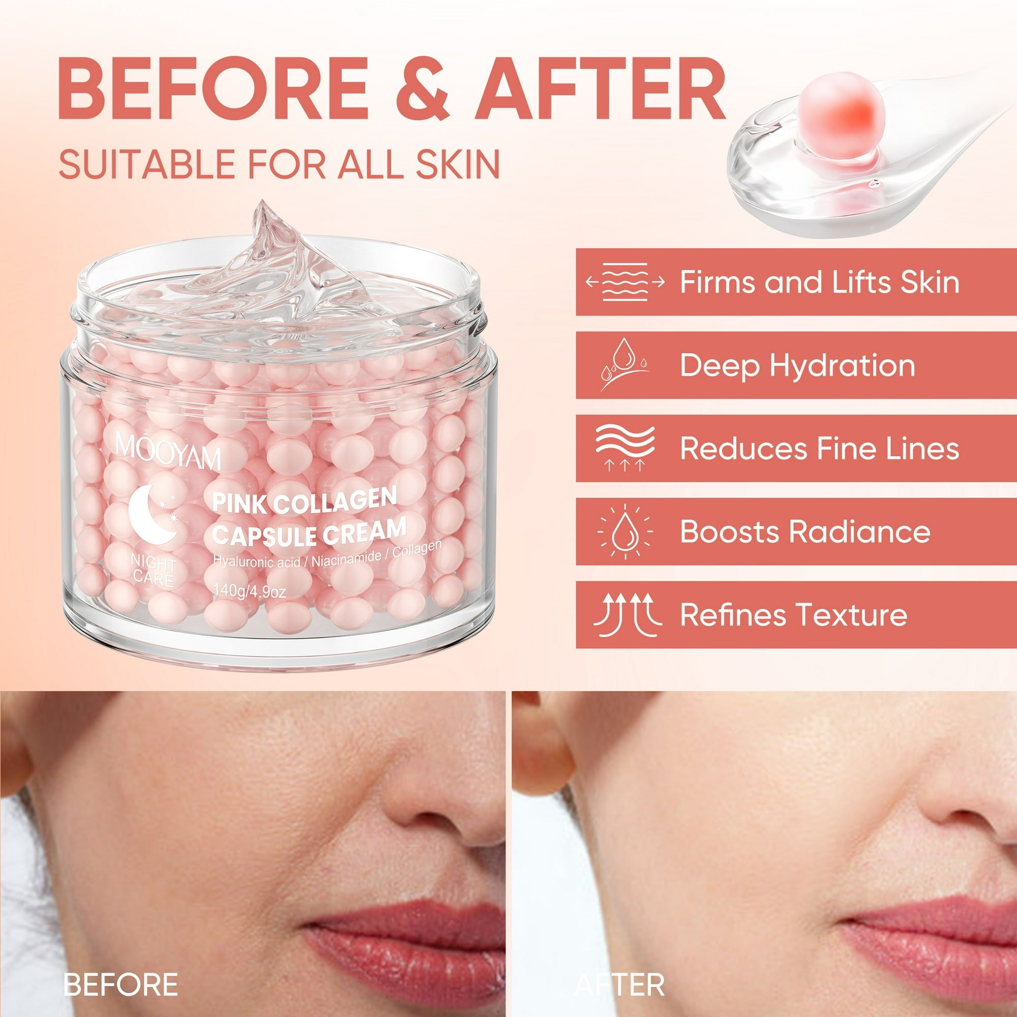 Pink Collagen Capsule Cream Face Moisturizer Lightweight Cream With Collagen Hyaluronic Acid And Niacinamide For Uneven Skin Tone Glow Radiant Hydration 140g